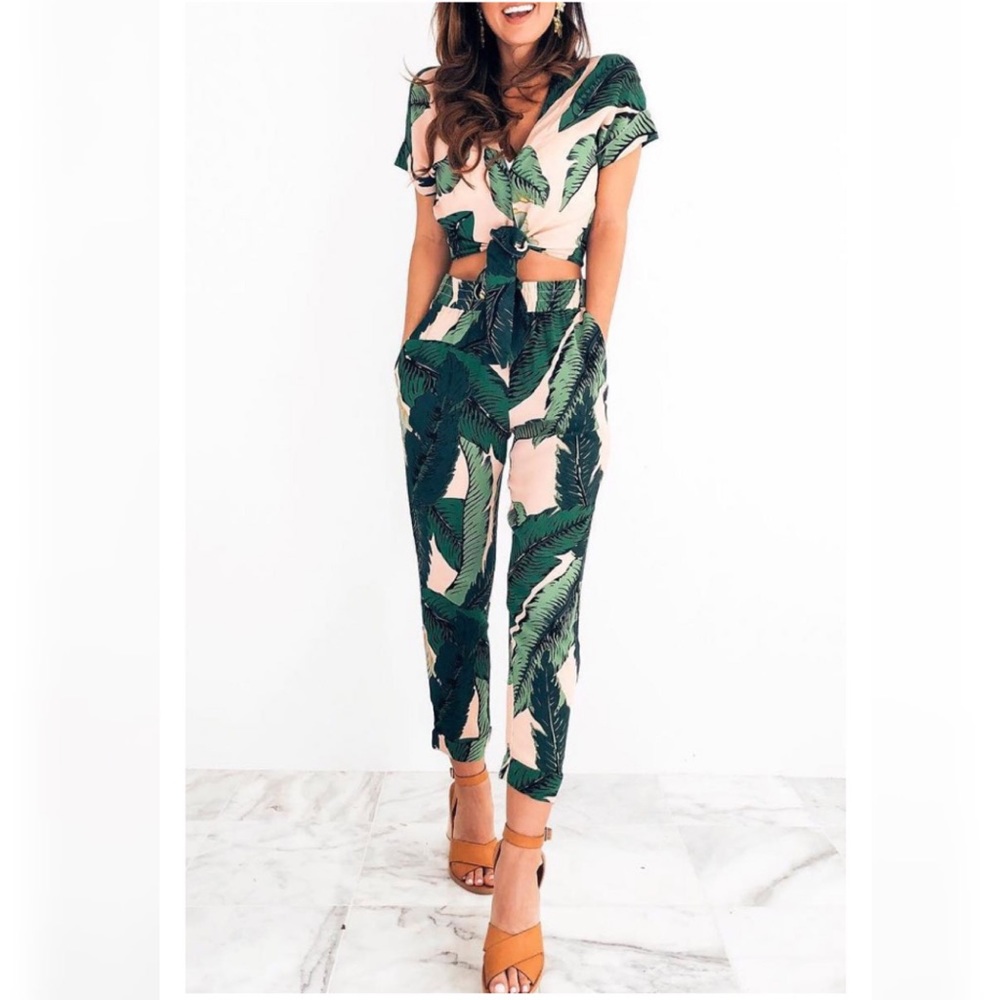 Leaves Printed Two-piece Pants Set